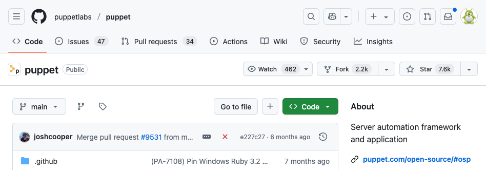 Screenshot of GitHub showing the last commit to Puppet being 6 months ago