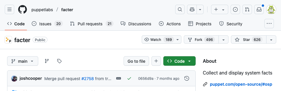 Screenshot of GitHub showing the last commit to Facter being 7 months ago
